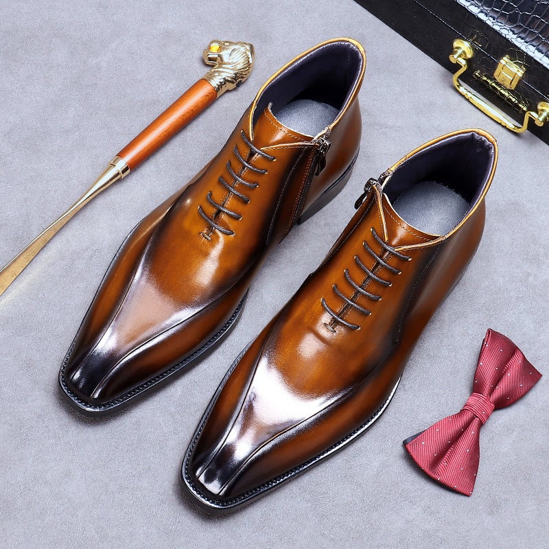 [Big Sale] Genuine Leather Shoes British Martin Boots Genuine Leather Trendy Formal Leather Boots Pointed Toe Zipper High Top Leather Shoes Short Boots - Image 1