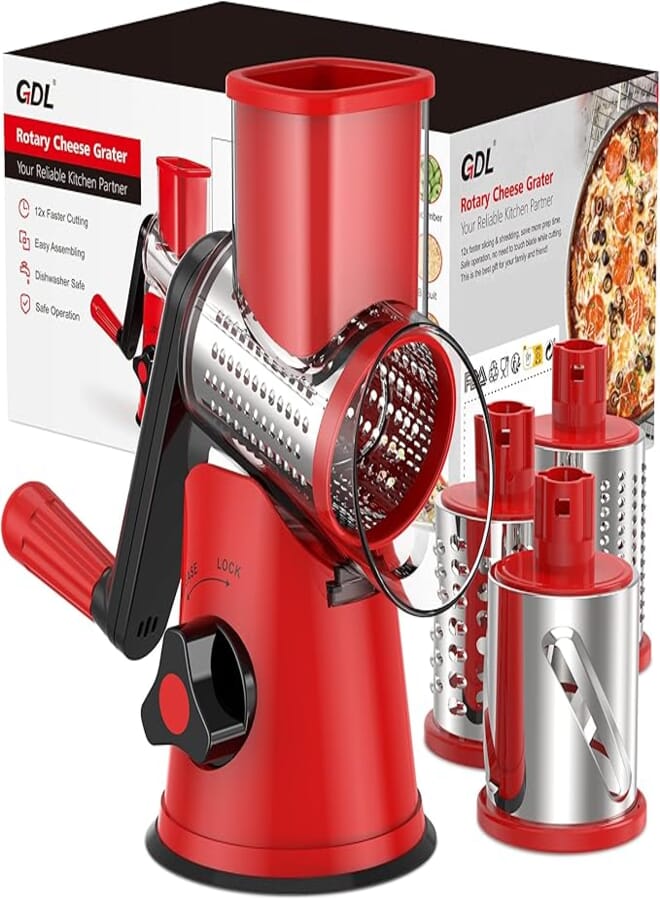GDL Rotary Cheese Grater Handheld, Vegetable Mandoline Slicer Easy Cleaning, Kitchen Cheese Grater Shredder with 3 Drum Blades