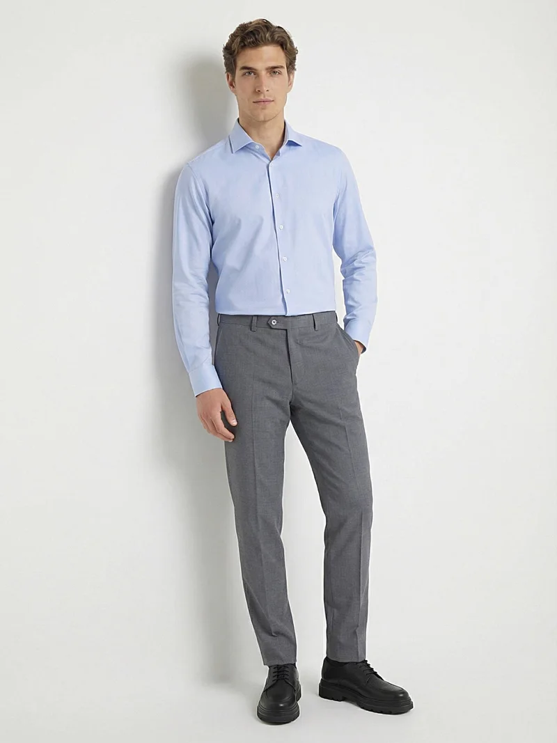 Kip Blue Plain Regular Fit Long Weaving Classical 100% Cotton Shirt