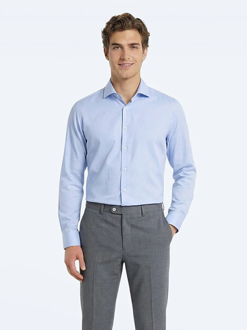 Kip Blue Plain Regular Fit Long Weaving Classical 100% Cotton Shirt