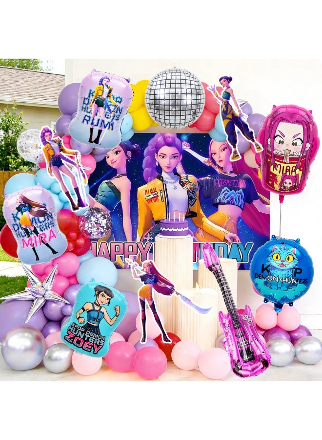 FRUITFUL PARTY 96pcs KPop Demon Hunters Birthday Balloon Arch Kit – KPop Demon Hunters Balloon Decoration Set with Huntrix Foil Balloons, Character Cards Character Balloons & Balloon Arch Accessories – Idol Fantasy Party Supplies - Image 1