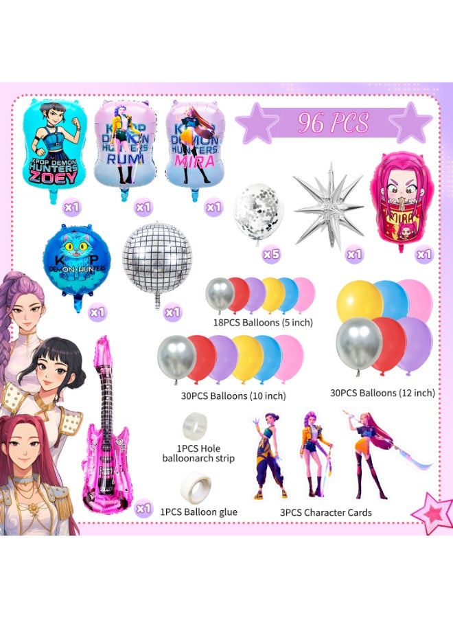 FRUITFUL PARTY 96pcs KPop Demon Hunters Birthday Balloon Arch Kit – KPop Demon Hunters Balloon Decoration Set with Huntrix Foil Balloons, Character Cards Character Balloons & Balloon Arch Accessories – Idol Fantasy Party Supplies - Image 3