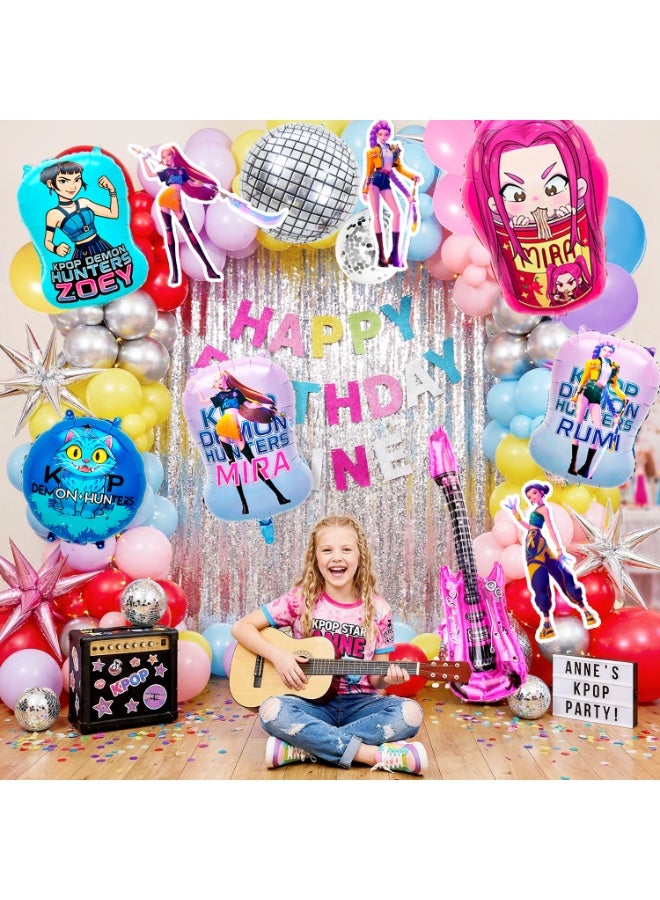 FRUITFUL PARTY 96pcs KPop Demon Hunters Birthday Balloon Arch Kit – KPop Demon Hunters Balloon Decoration Set with Huntrix Foil Balloons, Character Cards Character Balloons & Balloon Arch Accessories – Idol Fantasy Party Supplies - Image 4