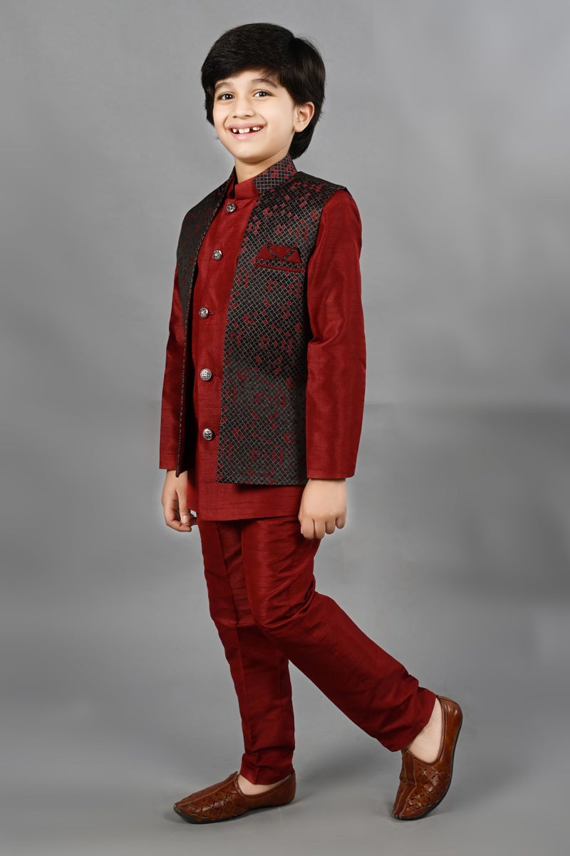 AHHAAAA Kids Ethnic Silk Blend Waistcoat Kurta Pyjama 3 Piece Sherwani Set For Boys |Maroon 2-3 Years, 540| - Image 4