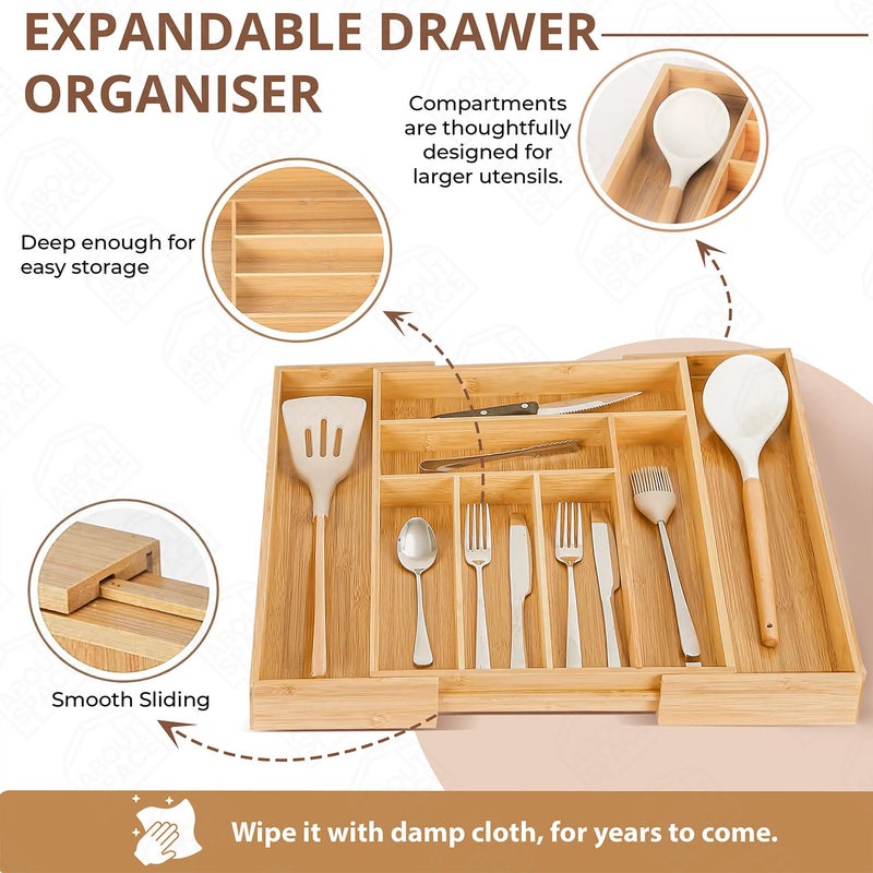 ABOUT SPACE Expandable Bamboo Drawer Organizer with Trays Dividers For Stationery & Cosmetics, Kitchen Cutlery Storage with Compartments for Knife Spoon Silverware Utensils (L 33.5-50 x B 45.5 x H 5 - Image 3