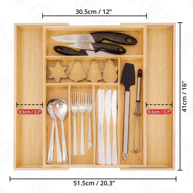 ABOUT SPACE Expandable Bamboo Drawer Organizer with Trays Dividers For Stationery & Cosmetics, Kitchen Cutlery Storage with Compartments for Knife Spoon Silverware Utensils (L 33.5-50 x B 45.5 x H 5 - Image 2