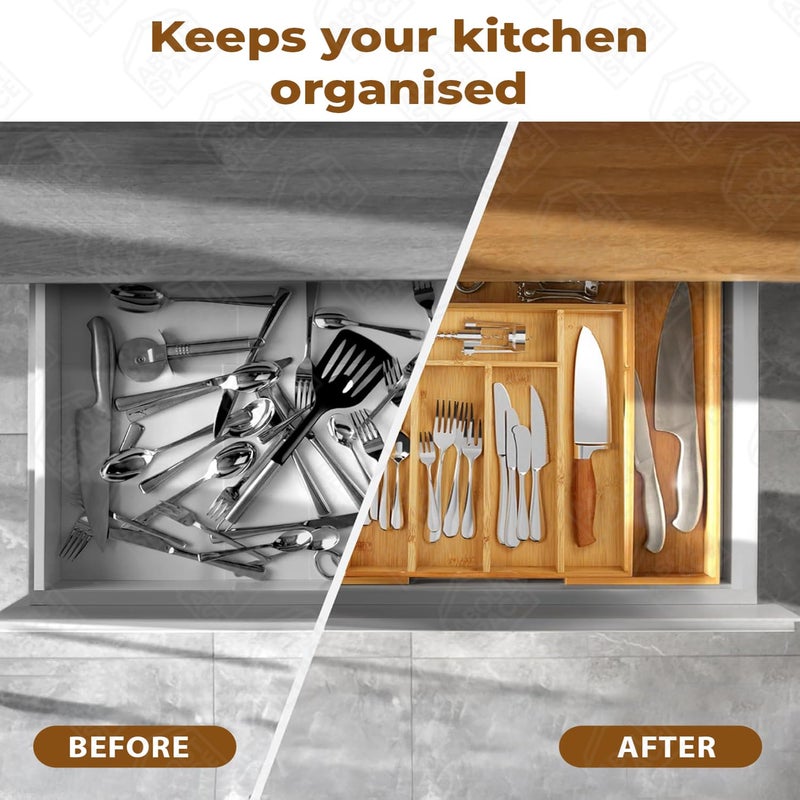 ABOUT SPACE Expandable Bamboo Drawer Organizer with Trays Dividers For Stationery & Cosmetics, Kitchen Cutlery Storage with Compartments for Knife Spoon Silverware Utensils (L 33.5-50 x B 45.5 x H 5 - Image 5