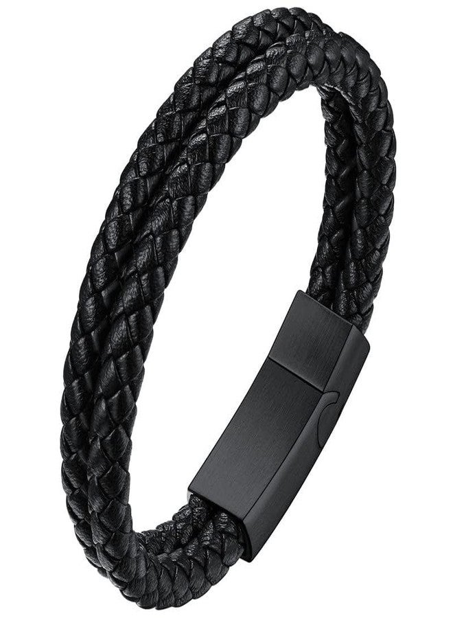 ChainsHouse Mens Bracelet Leather Braided, Black Rope Leather Bracelet for Men Women, 19cm - Image 1