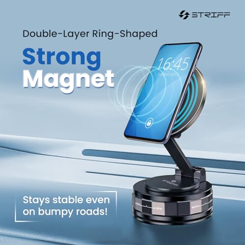STRIFF Vacuum Magnetic Suction Phone Holder, Foldable and Retractable Hands-Free Suction Cup Phone Mount for Car/Gym/Mirror/Smooth Surface, Compatible with iPhone Android and All Smartphones (Black) - Image 2