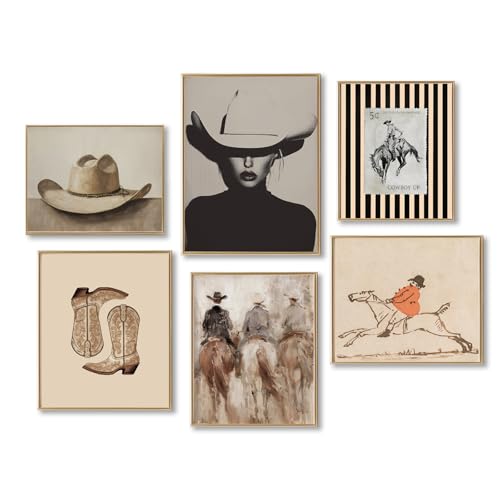 SHEWANT ART Vintage Western Cowboy Poster Set of 6, Southwestern Rustic Aesthetic Artwork Canvas Prints, Coastal Cowgirl Room Decor, Mid Century Striped Western Wall Decor Paintings, Dorm College Home Decoration - Image 1