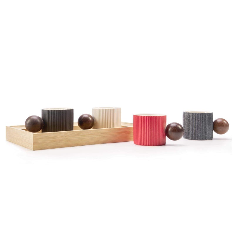 CLASGLAZ Ceramic Mini Espresso Cups Demitasse Cups with Round Wooden Handle Vertical Stripes Tea Cups (Multicolor, 4pcs) - Image 3