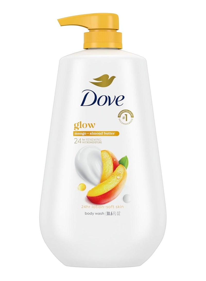 دوف غسول الجسم دوف مع مضخة توهج زبدة المانجو واللوز لبشرة ناعمة ومرطبة تدوم 24 ساعة، منظف للبشرة خالٍ من الكبريتات والبارابين، 30.6 أونصة