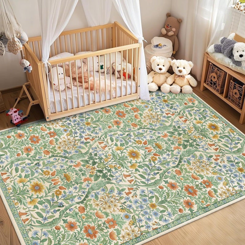 NakedCloud Floral Washable 6x9 Area Rugï¼ŒGrass Green Boho Rugs for Living Room, Soft Low-Pile Non-Slip Stain Resistant & Non-Shedding Carpet for Bedroom, Dining Room, Office, Entryway, Nursery - Image 4