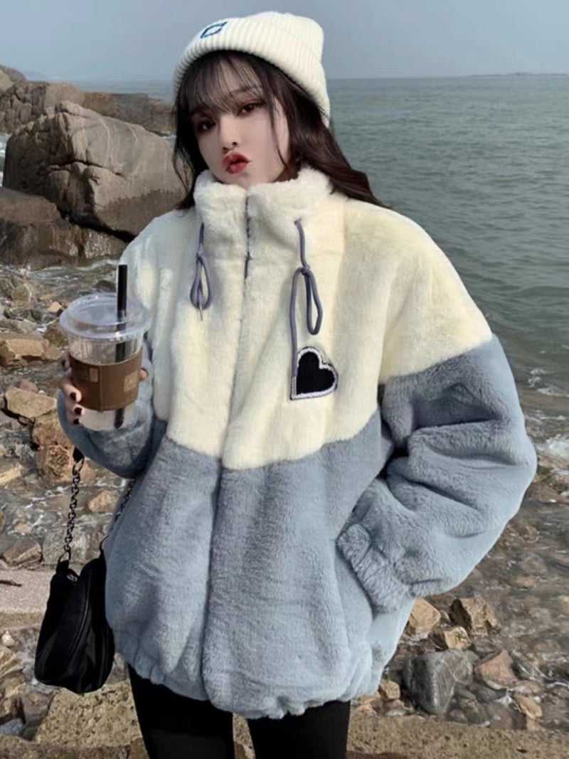 Plush Thickened Lamb Wool Hoodie Girls 2024 Autumn Winter Cotton Jacket 970 blue - Image 1
