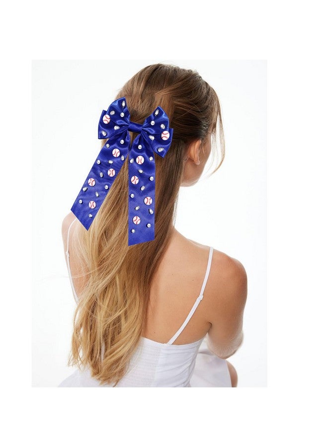 NVENF Baseball Hair Bows Accessories for Women Jeweled Rhinestone Large Red Blue Bows Big Softball Hair Ribbon Clips Game Day Hair Bows Baseball Mom Team Hair Accessories Outfits Party Favors (Blue 1) - Image 2