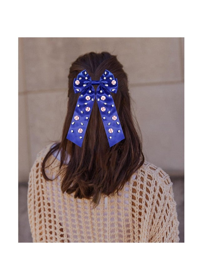 NVENF Baseball Hair Bows Accessories for Women Jeweled Rhinestone Large Red Blue Bows Big Softball Hair Ribbon Clips Game Day Hair Bows Baseball Mom Team Hair Accessories Outfits Party Favors (Blue 1) - Image 3