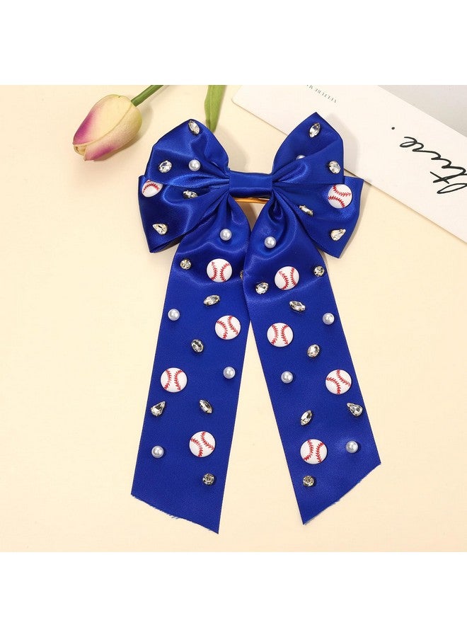 NVENF Baseball Hair Bows Accessories for Women Jeweled Rhinestone Large Red Blue Bows Big Softball Hair Ribbon Clips Game Day Hair Bows Baseball Mom Team Hair Accessories Outfits Party Favors (Blue 1) - Image 5