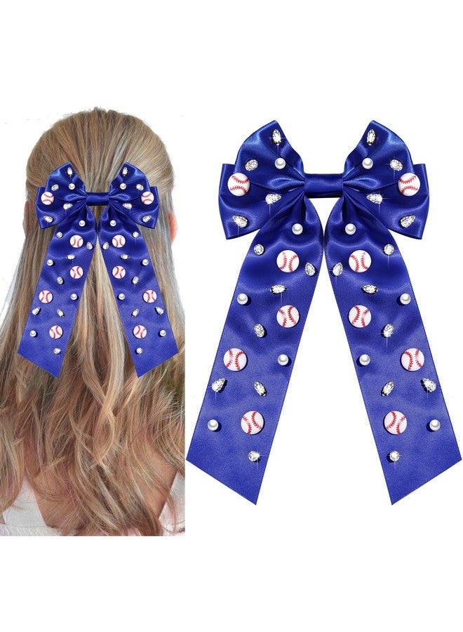 NVENF Baseball Hair Bows Accessories for Women Jeweled Rhinestone Large Red Blue Bows Big Softball Hair Ribbon Clips Game Day Hair Bows Baseball Mom Team Hair Accessories Outfits Party Favors (Blue 1) - Image 1
