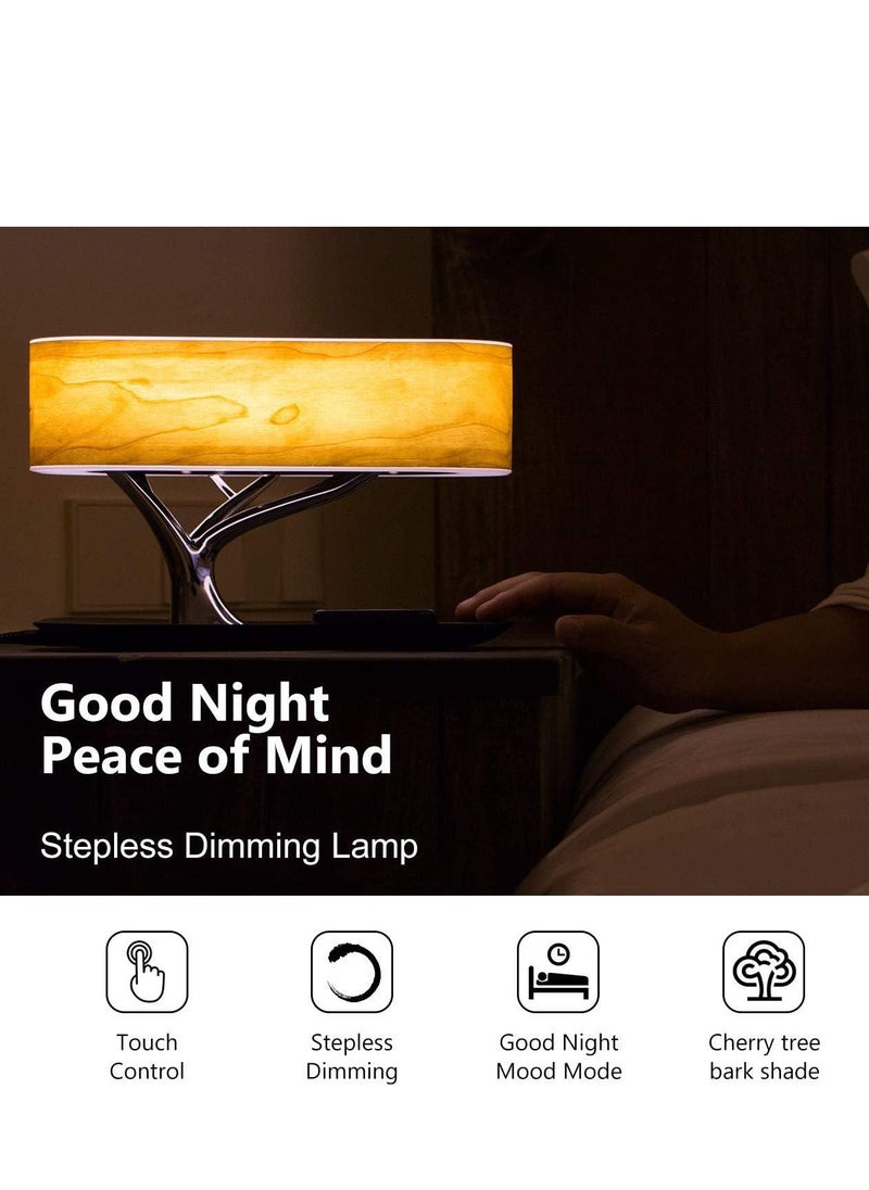 Bedside Table Lamp Built-in Bluetooth Speaker and Wireless Charger, Stepless Dimming Touch Desk Lamp with Sleep Mode Function Ideal for Bedroom, Office, Living Room