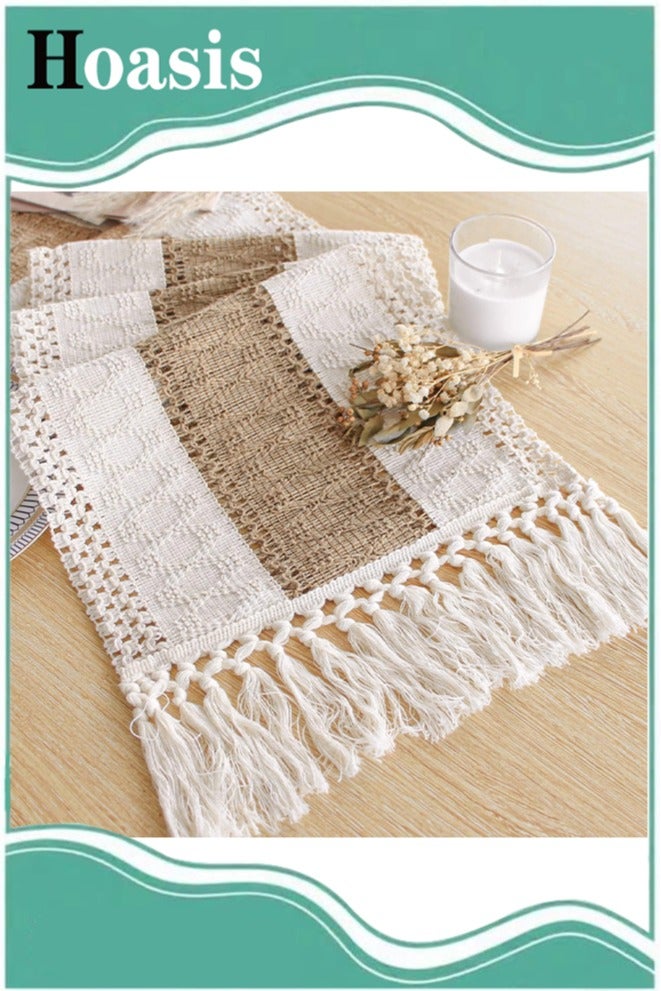 Hoasis Table Runner for Fall Home Decor with Tassels ,Farmhouse Rustic Table Runner ,Burlap Table Decoration for Living Room , Rustic Woven Cotton Crochet Lace(30x183cm) - Image 1