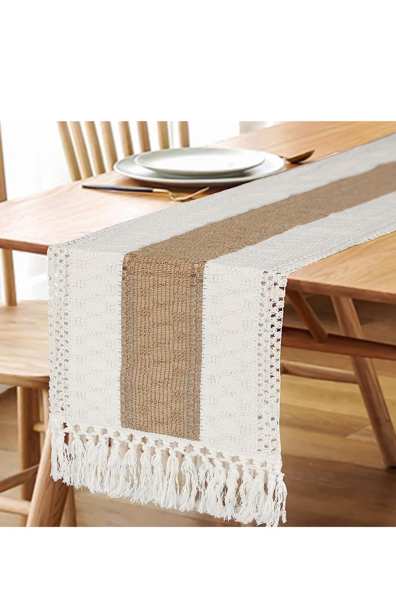 Hoasis Table Runner for Fall Home Decor with Tassels ,Farmhouse Rustic Table Runner ,Burlap Table Decoration for Living Room , Rustic Woven Cotton Crochet Lace(30x183cm) - Image 4