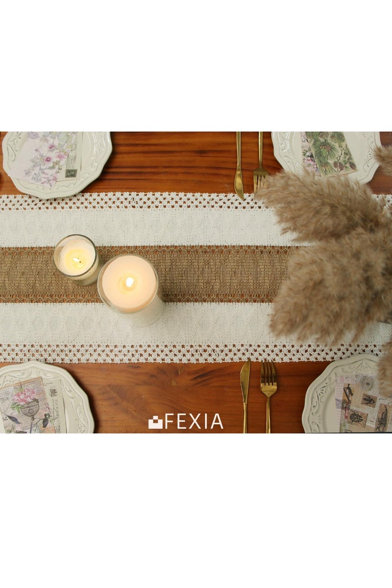 Hoasis Table Runner for Fall Home Decor with Tassels ,Farmhouse Rustic Table Runner ,Burlap Table Decoration for Living Room , Rustic Woven Cotton Crochet Lace(30x183cm) - Image 5