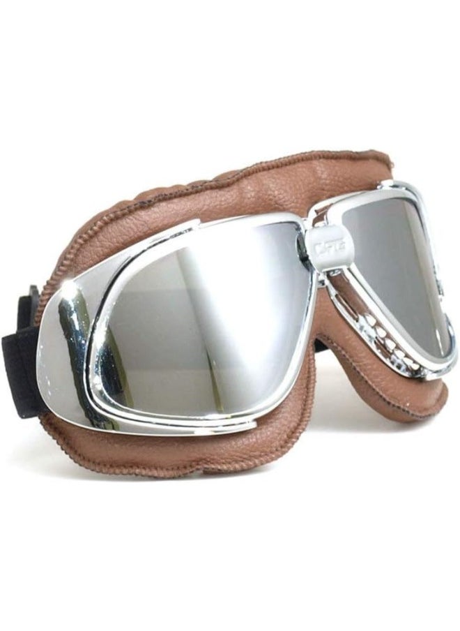 klarako Motorcycle Goggles Helmet for Racing Cool Vintage Aviator Dirt Bike Goggle Glasses Silver Frame Brown Padding 