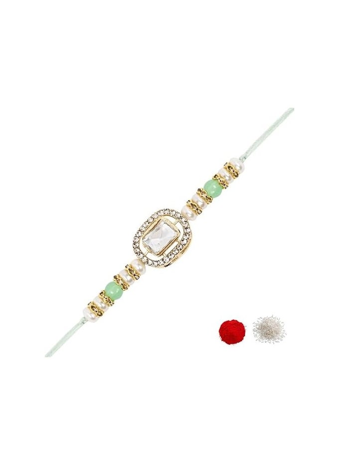 I Jewels I Jewels Designer Kundan Pearl Bhaiya Rakhi With Roli Chawal & Rakshabandhan Card for Brother/Bro/Bhai/Men  - Image 1