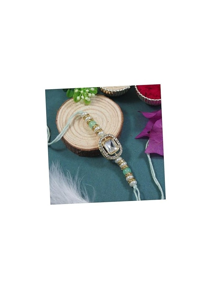 I Jewels I Jewels Designer Kundan Pearl Bhaiya Rakhi With Roli Chawal & Rakshabandhan Card for Brother/Bro/Bhai/Men  - Image 3