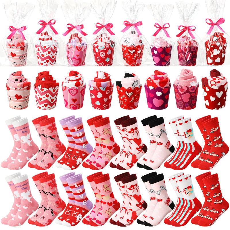 Foaincore 16 Set Valentineâ€˜s Day Gifts Cupcake Socks for Women Angel Heart Print Cotton Socks Cute Funny Fluffy Cupcake Gifts with Packaging for Wife Mother - Image 1