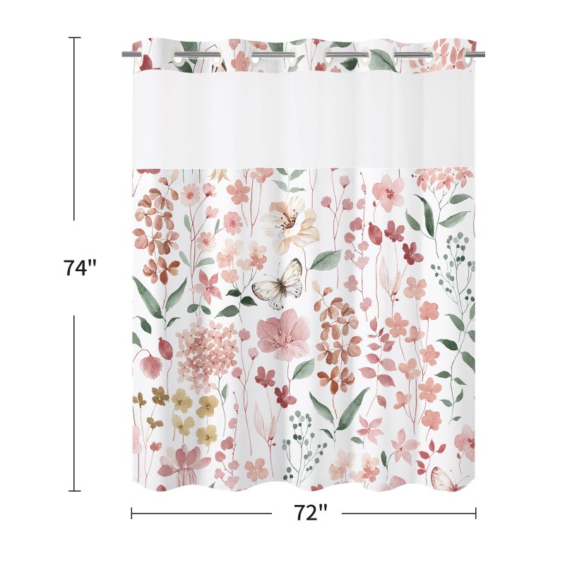 Litabel No Hook Pink Watercolor Floral Shower Curtain and Liner Set, Spring Flower Shower Curtains with Snap in Liner for Farmhouse Bathroom Decor, Botanical Bathroom Curtain with Leaves, 72x74 - Image 2