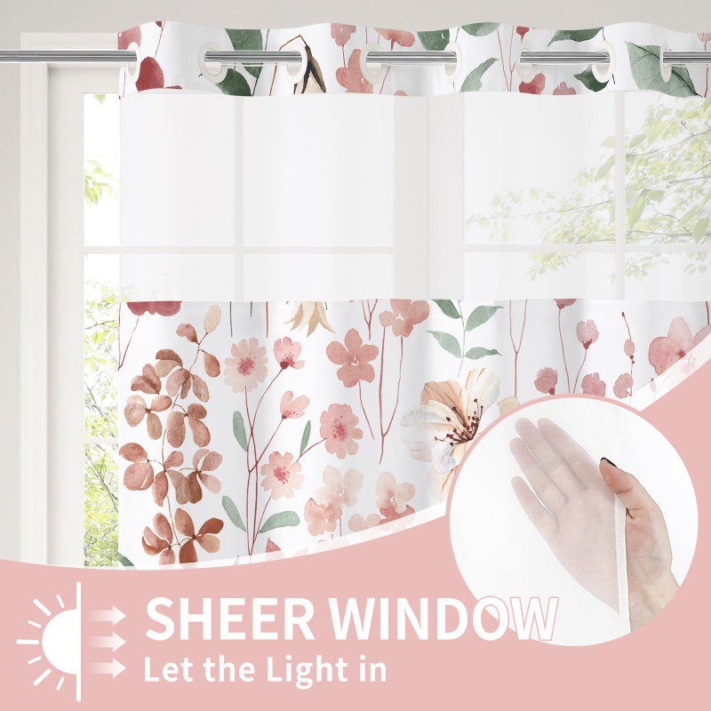 Litabel No Hook Pink Watercolor Floral Shower Curtain and Liner Set, Spring Flower Shower Curtains with Snap in Liner for Farmhouse Bathroom Decor, Botanical Bathroom Curtain with Leaves, 72x74 - Image 3