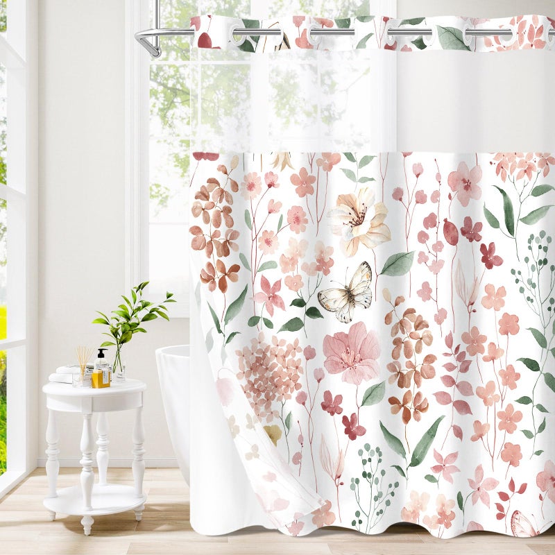 Litabel No Hook Pink Watercolor Floral Shower Curtain and Liner Set, Spring Flower Shower Curtains with Snap in Liner for Farmhouse Bathroom Decor, Botanical Bathroom Curtain with Leaves, 72x74 - Image 1
