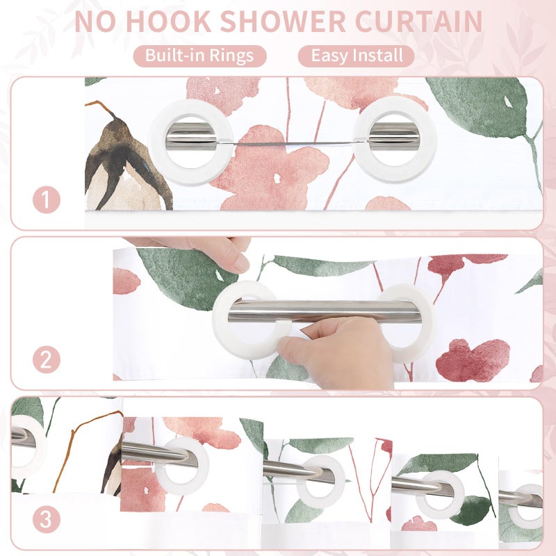 Litabel No Hook Pink Watercolor Floral Shower Curtain and Liner Set, Spring Flower Shower Curtains with Snap in Liner for Farmhouse Bathroom Decor, Botanical Bathroom Curtain with Leaves, 72x74 - Image 4