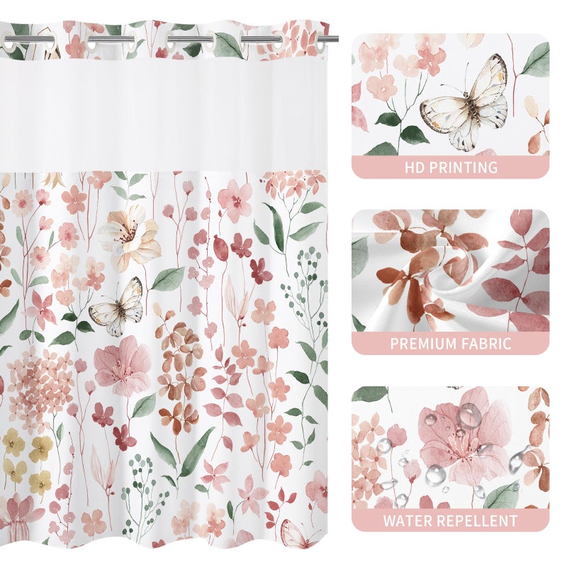 Litabel No Hook Pink Watercolor Floral Shower Curtain and Liner Set, Spring Flower Shower Curtains with Snap in Liner for Farmhouse Bathroom Decor, Botanical Bathroom Curtain with Leaves, 72x74 - Image 5