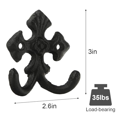 AKBFOX 4 Pack Wrought Iron Wall Hooks Cast Iron Heavy Duty Double Hooks Decorative Wall Mounted Coat Hooks Vintage Wall Hooks for Farmhouse Home Garage Tool Shed Hanging Coat Keys Towel Tools Hat - Image 3