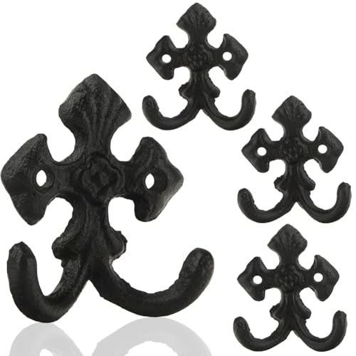 AKBFOX 4 Pack Wrought Iron Wall Hooks Cast Iron Heavy Duty Double Hooks Decorative Wall Mounted Coat Hooks Vintage Wall Hooks for Farmhouse Home Garage Tool Shed Hanging Coat Keys Towel Tools Hat - Image 1