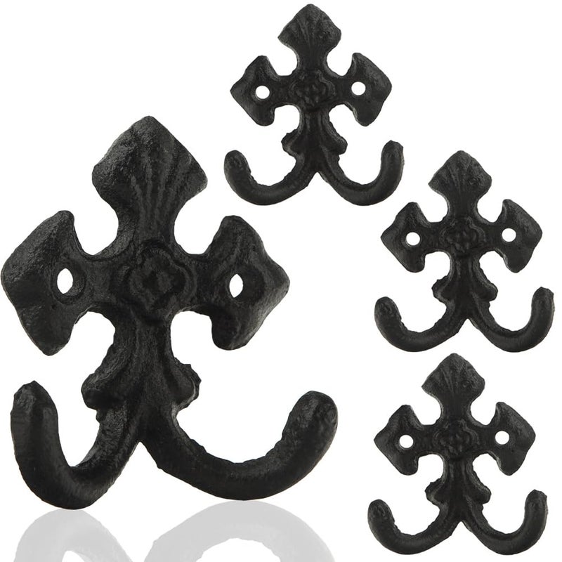 AKBFOX 4 Pack Wrought Iron Wall Hooks Cast Iron Heavy Duty Double Hooks Decorative Wall Mounted Coat Hooks Vintage Wall Hooks for Farmhouse Home Garage Tool Shed Hanging Coat Keys Towel Tools Hat - Image 2
