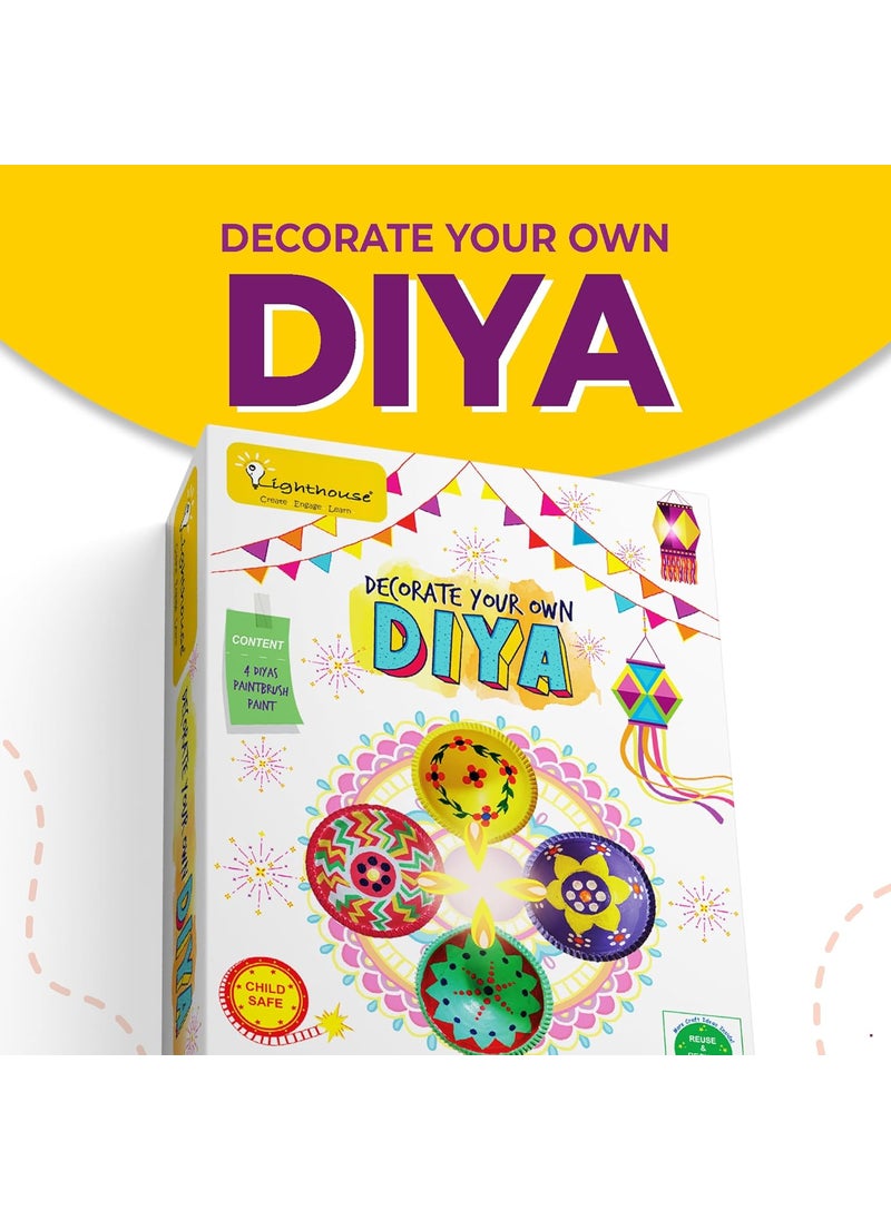 Lighthouse LIGHTHOUSE Artful Diya Decoration Kit for Diwali Paint Your Own Festive Decoration Mitti Diya for Pooja EcoFriendly DIY Kit Includes 4 Diyas Color and Paint Brush Corporate Gifts for Diwali  - Image 2