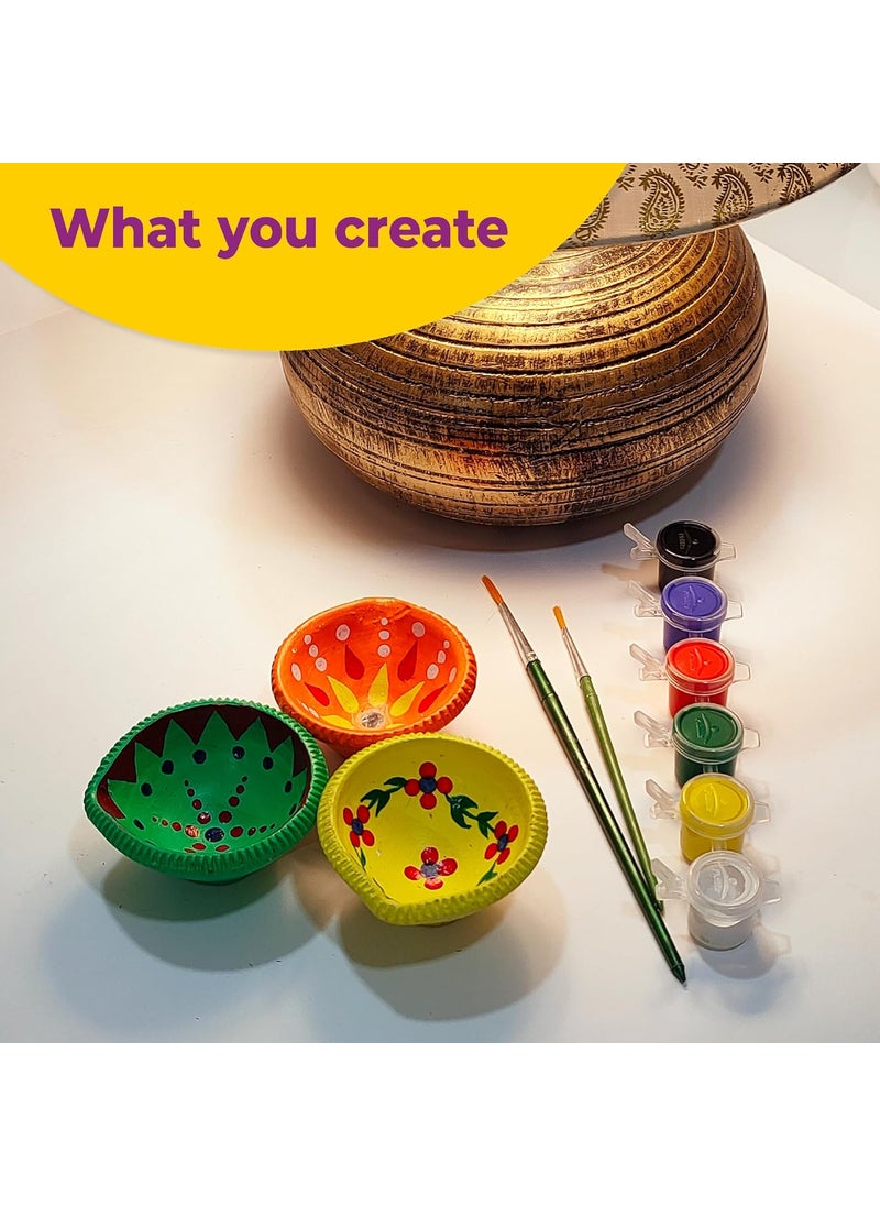 Lighthouse LIGHTHOUSE Artful Diya Decoration Kit for Diwali Paint Your Own Festive Decoration Mitti Diya for Pooja EcoFriendly DIY Kit Includes 4 Diyas Color and Paint Brush Corporate Gifts for Diwali  - Image 5