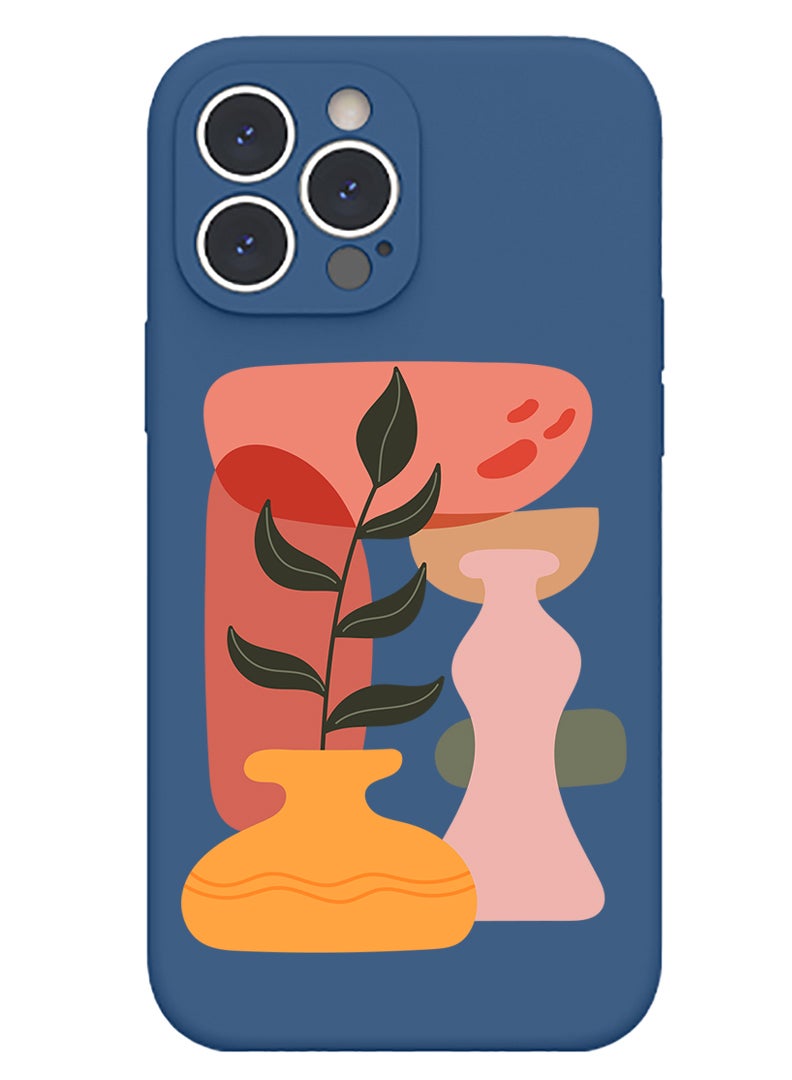 Theodor Protective Slim Fit Case Liquid Silicone Cover with Full Body Protection Anti-Scratch Shockproof Case For iPhone 15 Pro Max Blue  - Vase with Leaf2 - Image 1