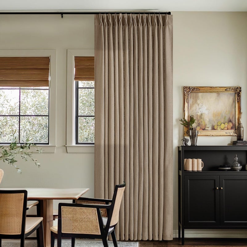 TWODRAPES Tan Brown Linen Pinch Pleated Curtains 2 Panels Living Room Bedroom Light Filtering Drapes 108 Inch Length Light Brown Latte Semi Sheer Memory Shape Trained Ceiling Floor Curtain - Image 1