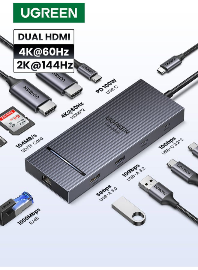 Revodok USB C Hub 10 in 1 Dual HDMI 4K@60Hz Display Docking Station 100W Fast Charging, 1000Mbps Network Hub  USB A 3.0+USB A 3.2+2USB C 3.2 10Gbps Data Transfer SD Card Reader for Macbook Pro | Grey