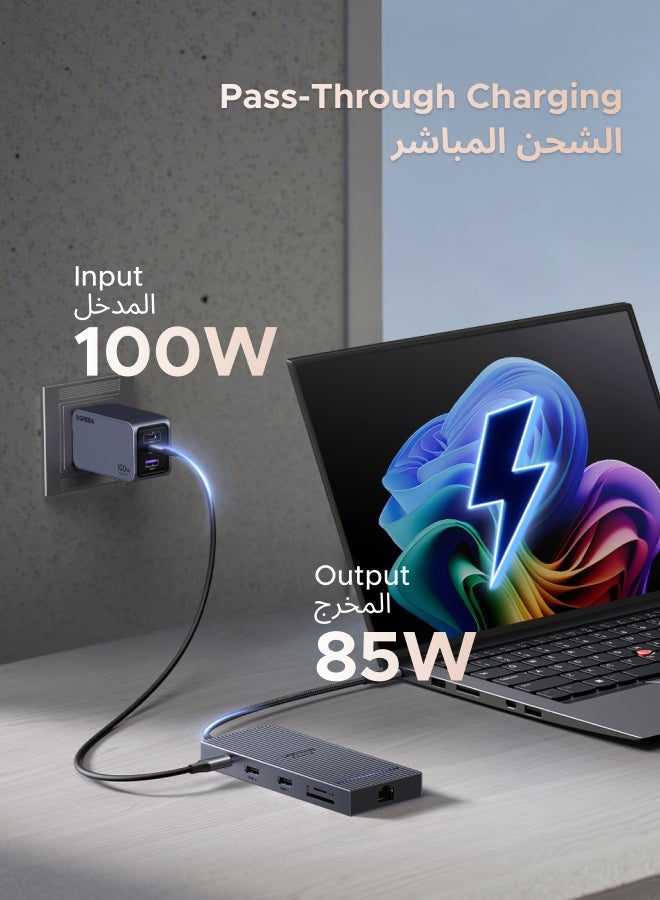 يو جرين موزع USB C ريفودوك، 10 في 1، منفذان 4K@60Hz HDMI، قاعدة توصيل للعرض، شحن سريع 100 وات، موزع شبكة 1000 ميجابت في الثانية، USB A 3.0+USB A 3.2+2USB C 3.2، نقل بيانات 10 جيجابت في الثانية، قارئ بطاقات - Image 3
