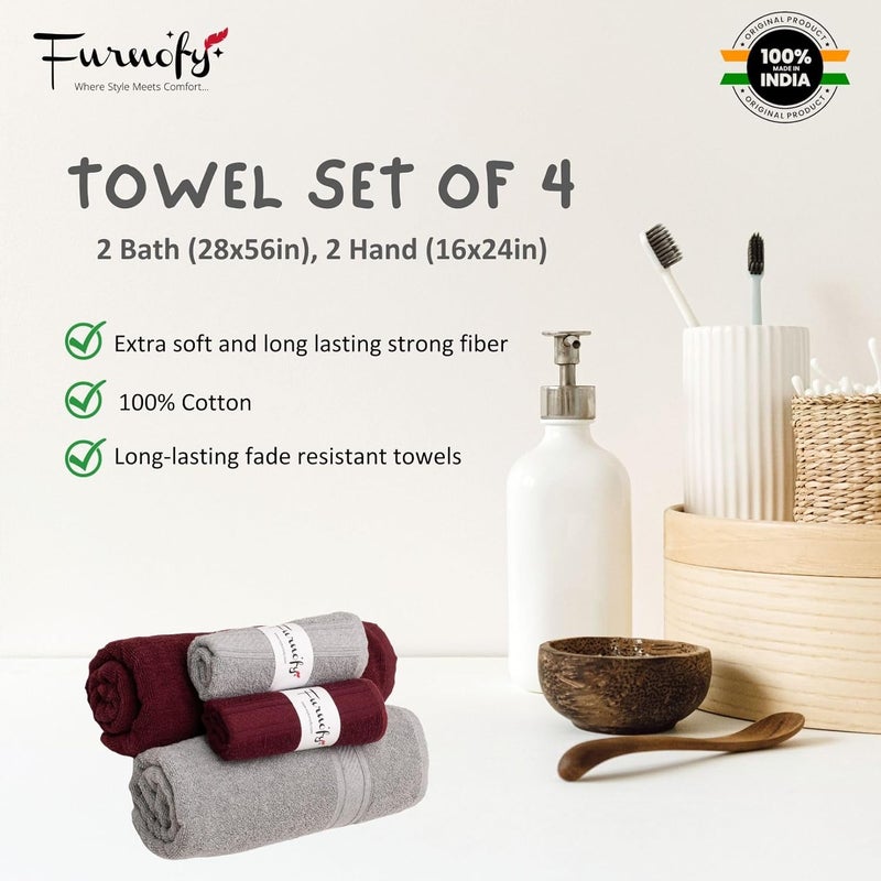 Furnofy 450 GSM Cotton Towel Set of 4 2 Bath 70x140 cm 2 Hand 40x60 cm Highly Absorbent and Soft Bathroom Towels Pack of 4 Maroon Grey - Image 5
