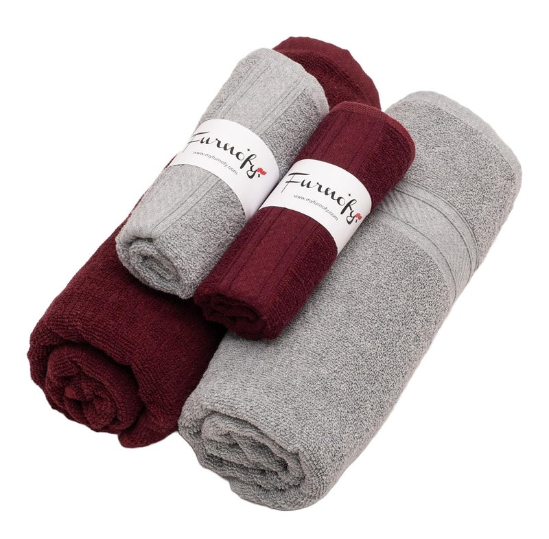 Furnofy 450 GSM Cotton Towel Set of 4 2 Bath 70x140 cm 2 Hand 40x60 cm Highly Absorbent and Soft Bathroom Towels Pack of 4 Maroon Grey - Image 1