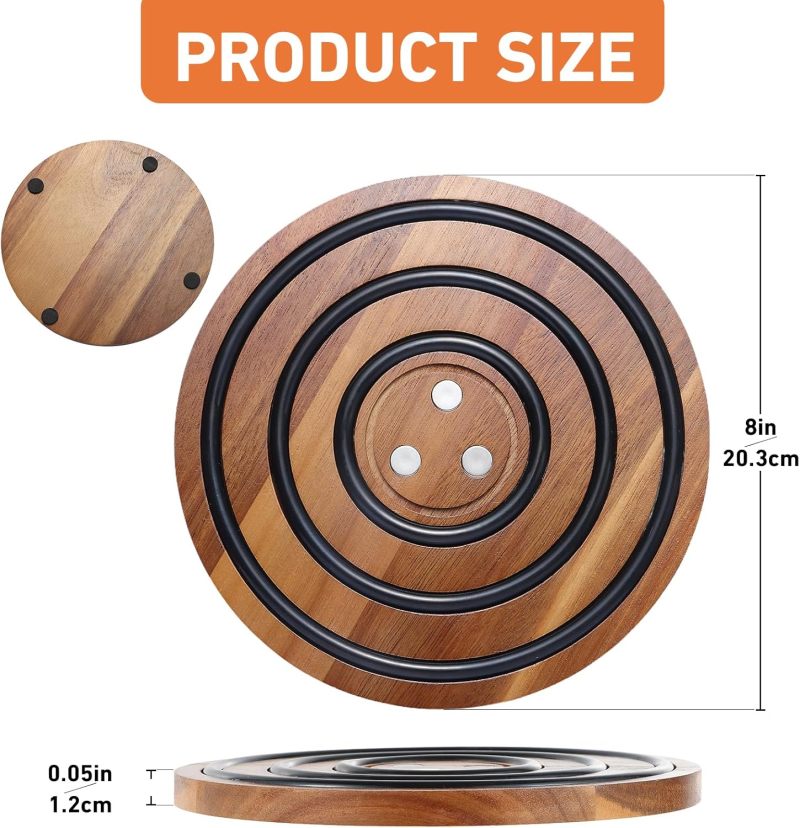 2 Pcs Attyactive‌ ‌timber Trivets, Acacia Wood with Black Silicone Rings, Attyactive‌ Pot Holder for Le Creuset Enameled Cast Iron Dutch Oven & Cast Iron Skillets, Wood Trivet - Image 5
