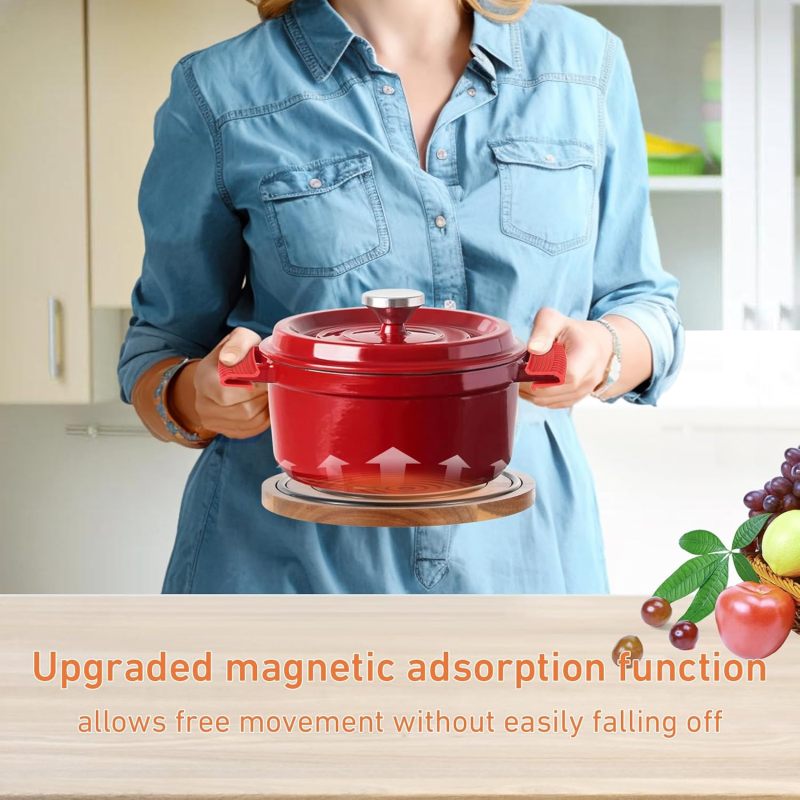 2 Pcs Attyactive‌ ‌timber Trivets, Acacia Wood with Black Silicone Rings, Attyactive‌ Pot Holder for Le Creuset Enameled Cast Iron Dutch Oven & Cast Iron Skillets, Wood Trivet - Image 2