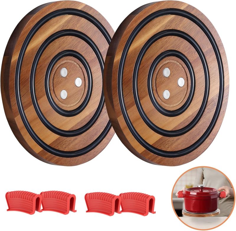 2 Pcs Attyactive‌ ‌timber Trivets, Acacia Wood with Black Silicone Rings, Attyactive‌ Pot Holder for Le Creuset Enameled Cast Iron Dutch Oven & Cast Iron Skillets, Wood Trivet - Image 1