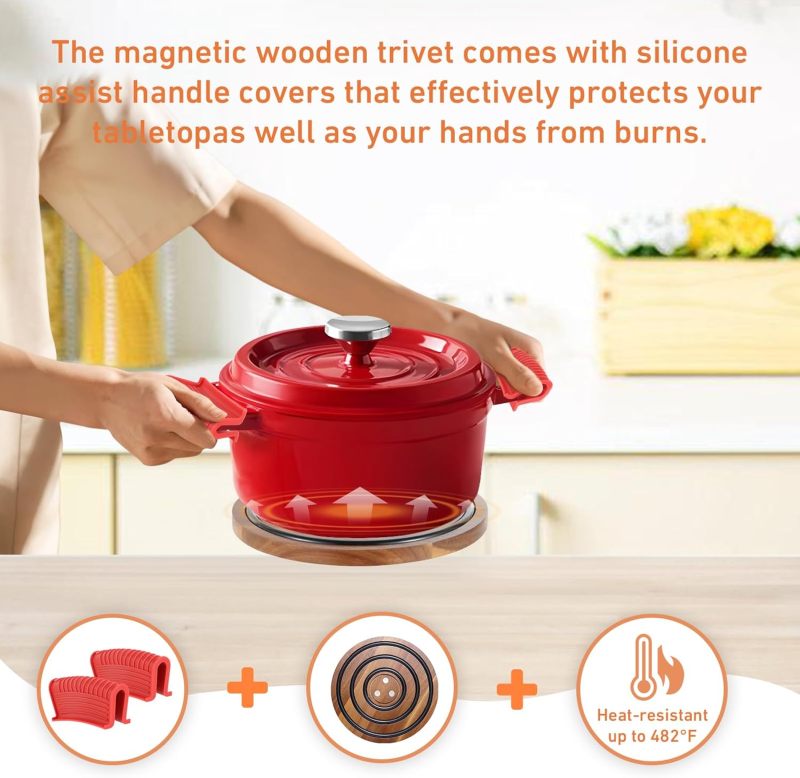 2 Pcs Attyactive‌ ‌timber Trivets, Acacia Wood with Black Silicone Rings, Attyactive‌ Pot Holder for Le Creuset Enameled Cast Iron Dutch Oven & Cast Iron Skillets, Wood Trivet - Image 3